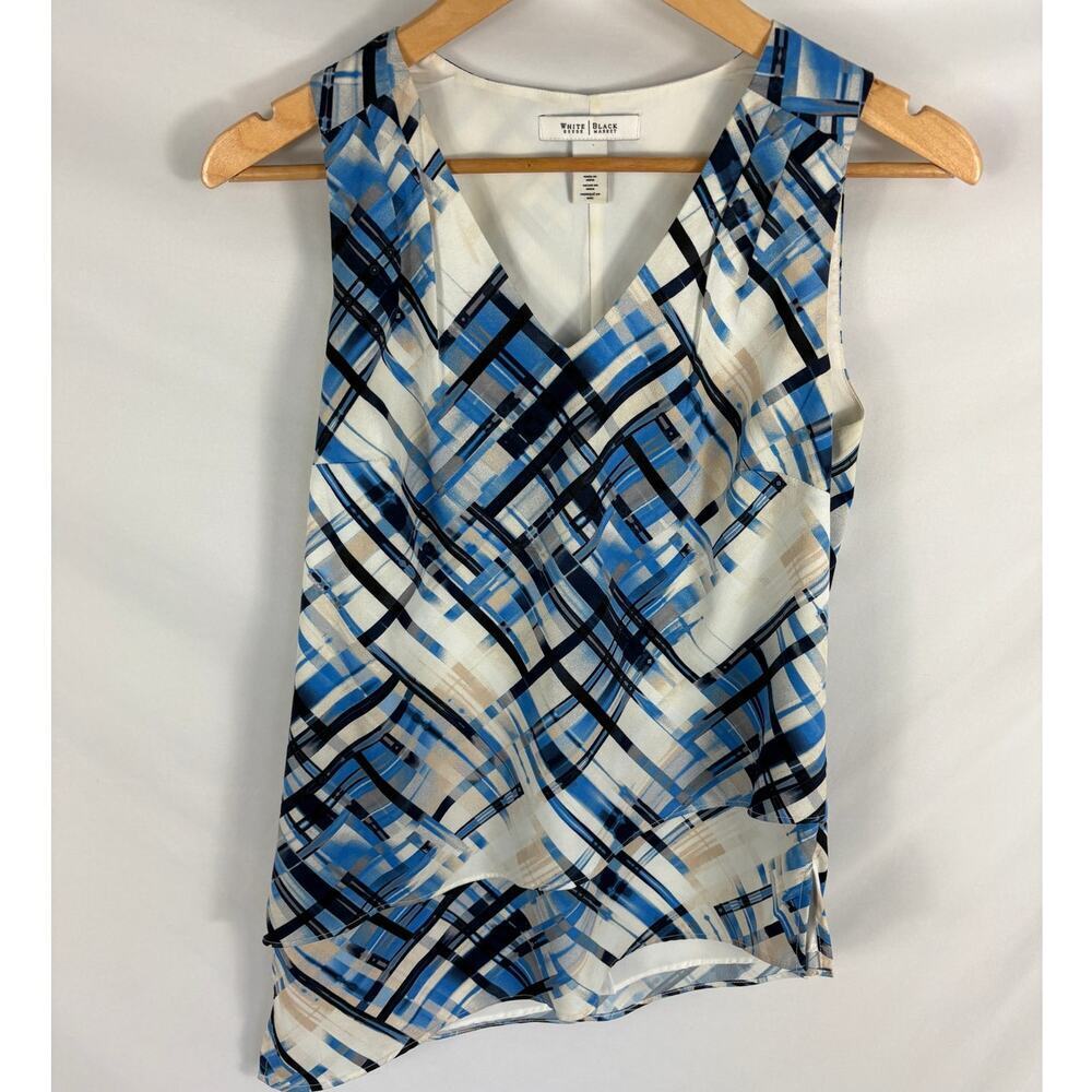 WHBM Asymmetrical Hem Sleeveless V Neck Blue White Black Pattern Blouse XS